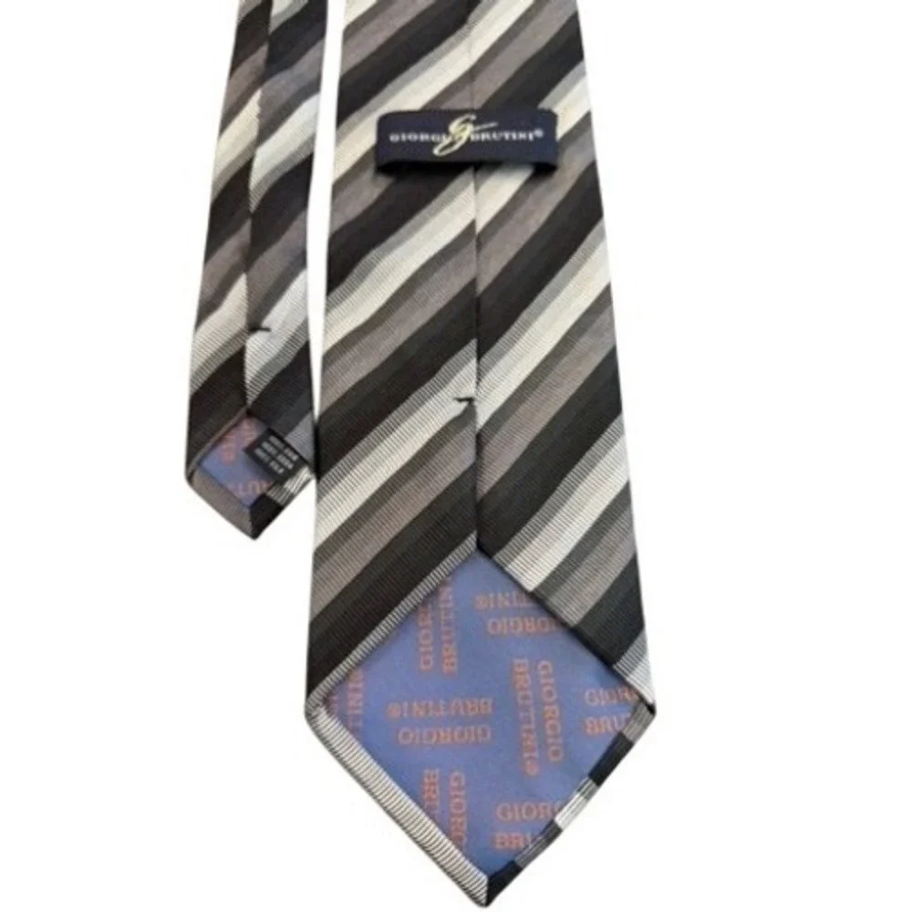 Giorgio Brutini Mens Silk Necktie Black Grey White Diagonal Stripe Wide Rep Tie